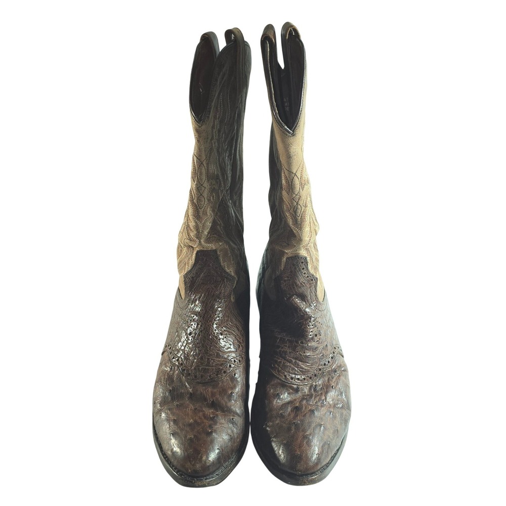 Dan Post Mens Brown Ostrich Leather Western Cowboy Boots 11D Round Toe Stitching